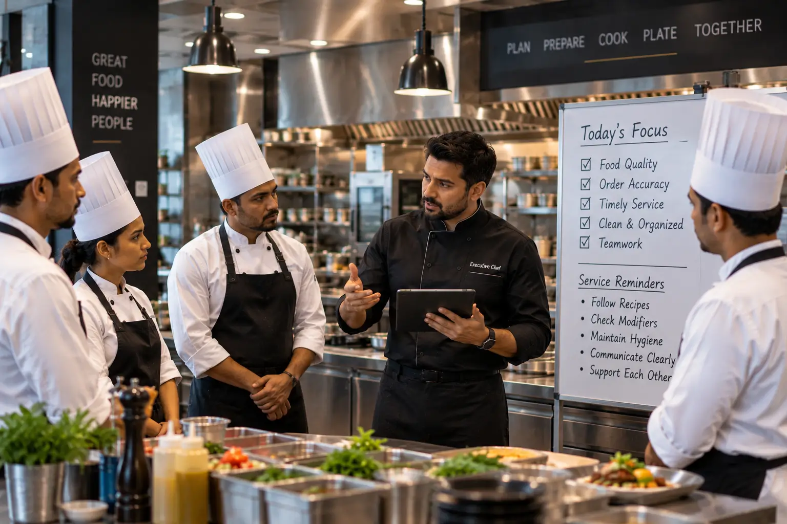 Executive chef briefing kitchen staff beside a whiteboard listing order accuracy and service reminders