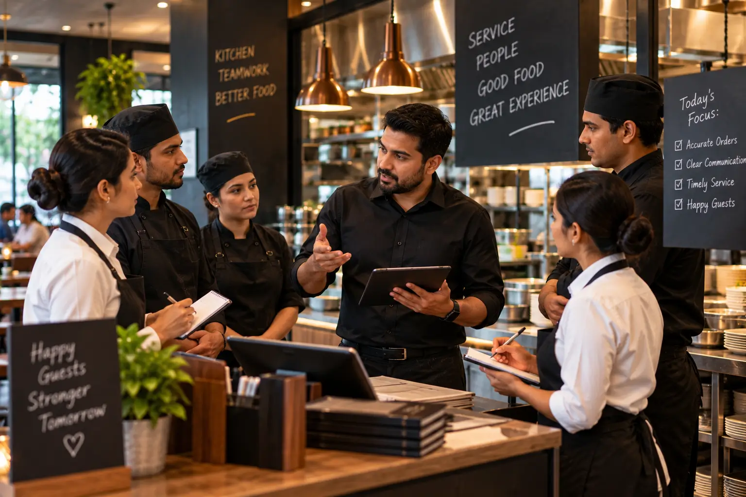 Restaurant manager briefing front-of-house and kitchen staff on accurate orders and clear communication